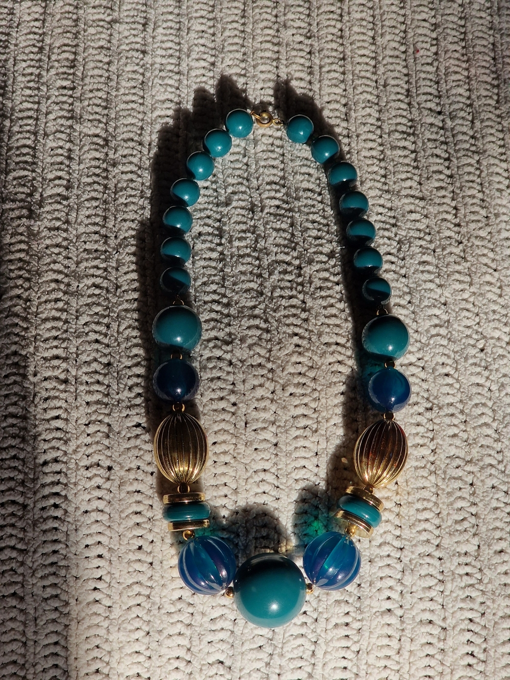 Chunky Teal & Navy Bead Necklace with Gold Accents - Picture 2 of 5